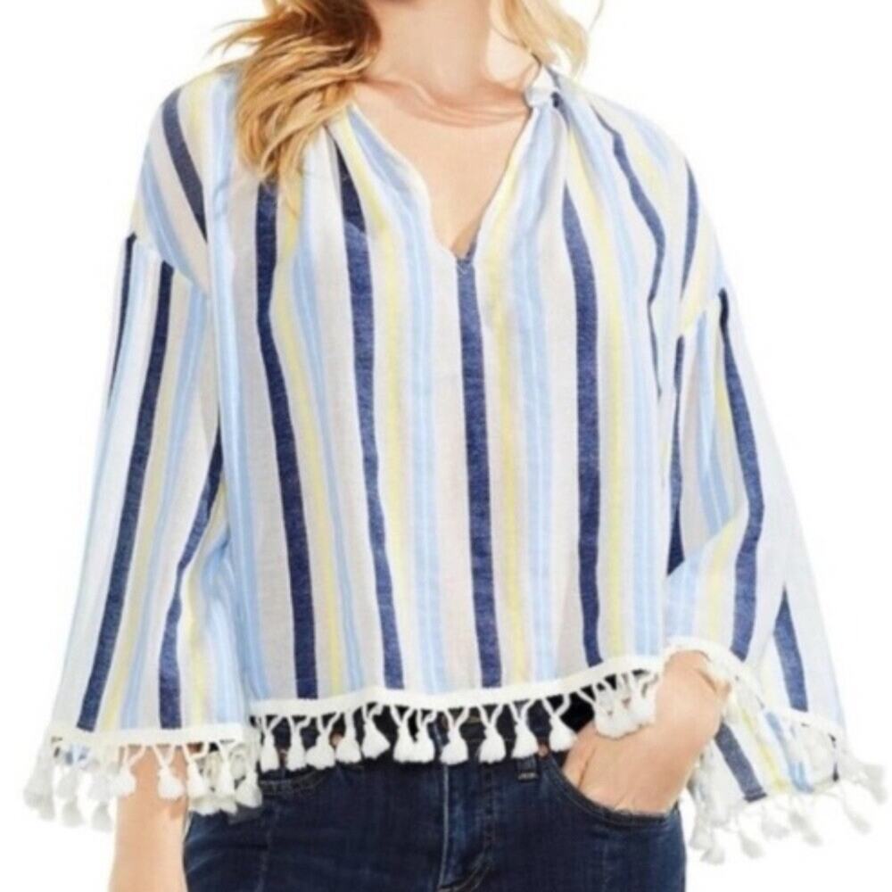 Vince Camuto Striped Tunic Top Sz L White Blue Pom Pom Hem Beach Surfer Coastal